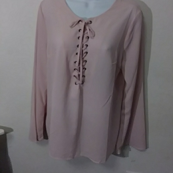 New Look Tops - New Look blush lace up Bell sleeve sheer blouse LG